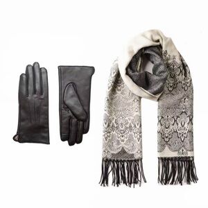 Gift set: Elegant Black Leather Women Gloves and Patterned Scarf Set